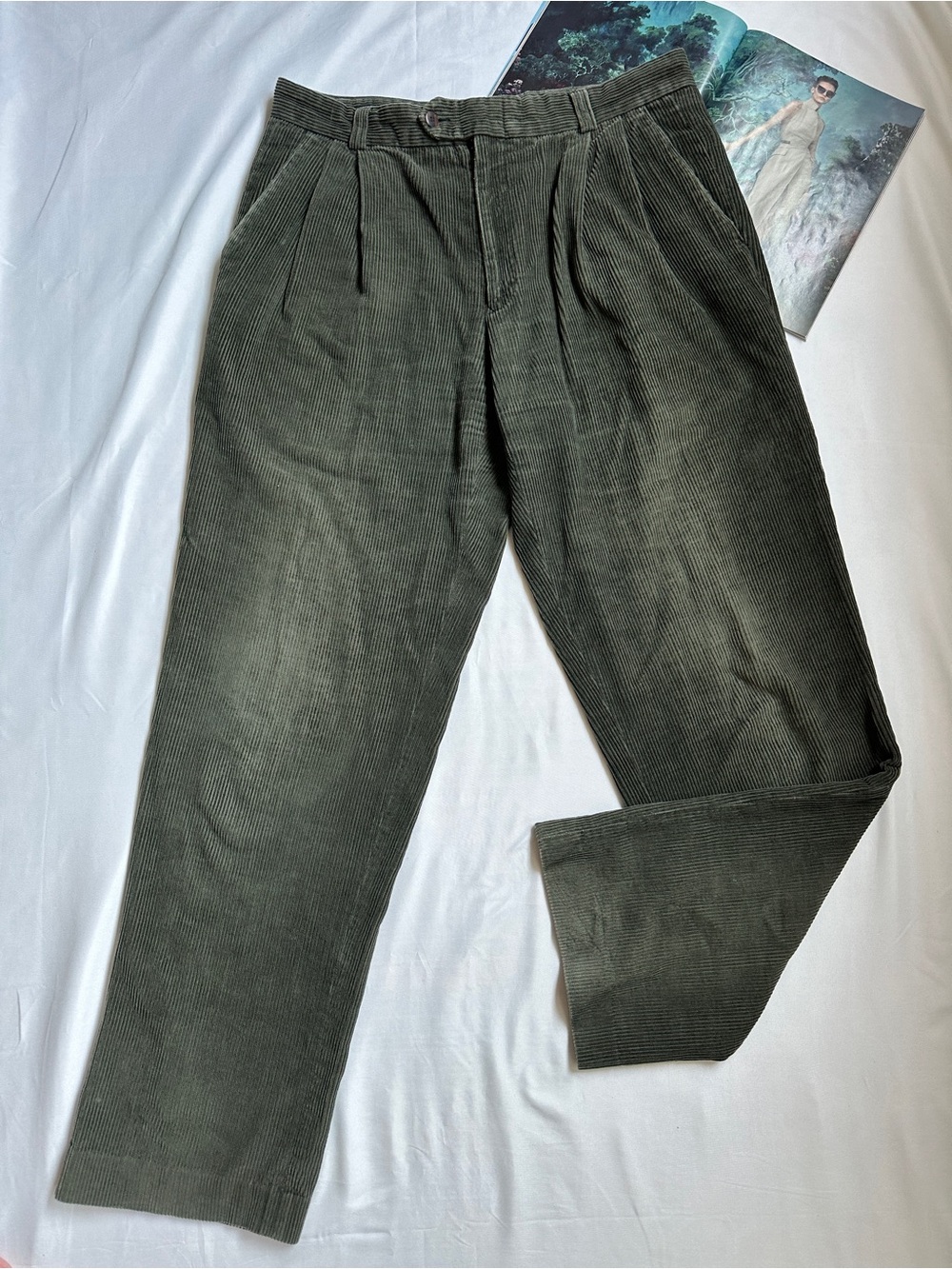 Pierre Cardin Olive Green Corduroy Pleated Trousers